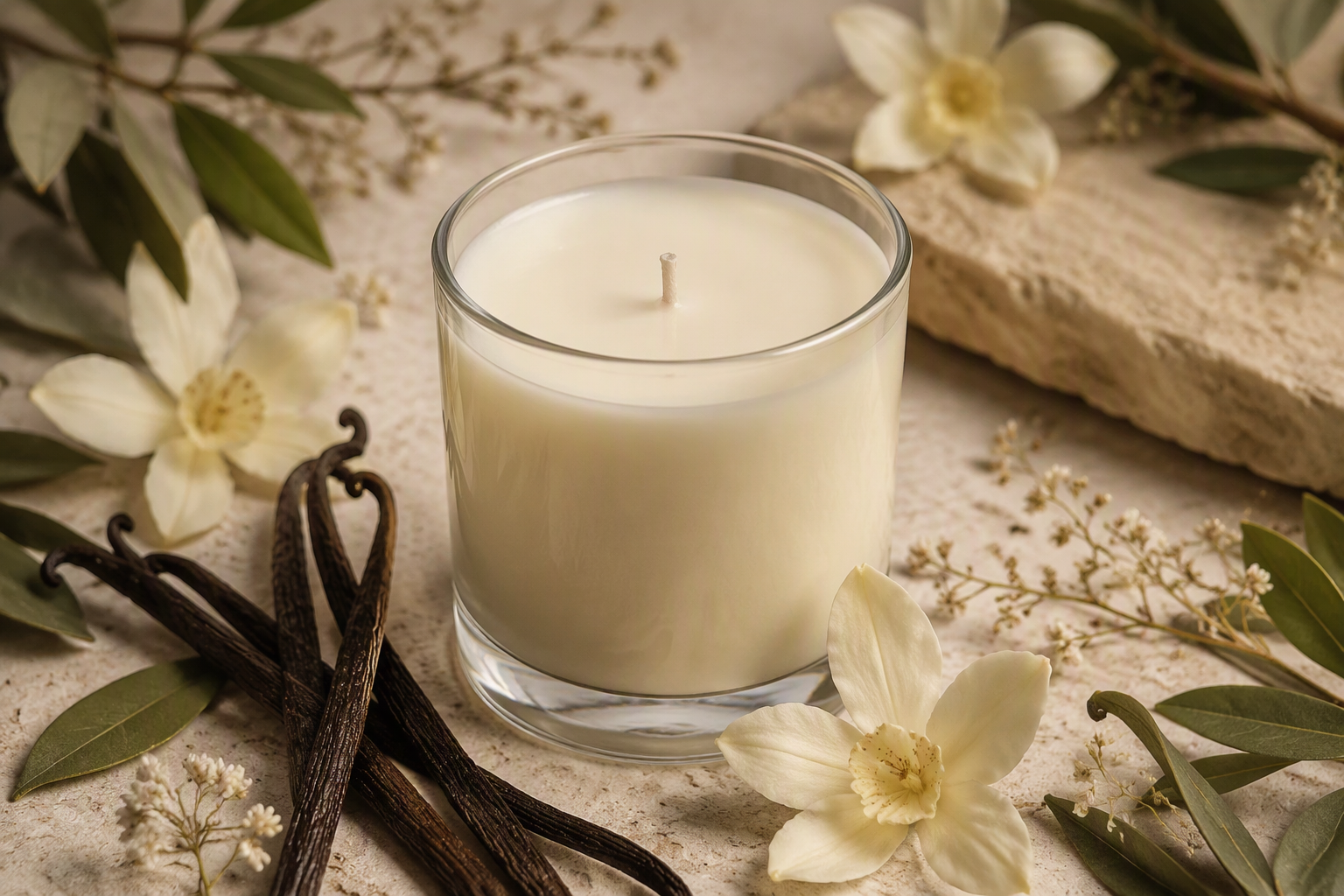 Vela artesanal de baunilha com favas e flores claras